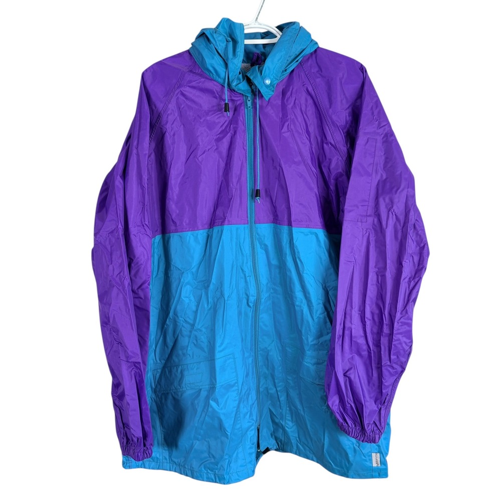 Vintage Rainfair Rain Jacket Mens L Purple Blue Packable‎ Pouch Hood Windbreaker